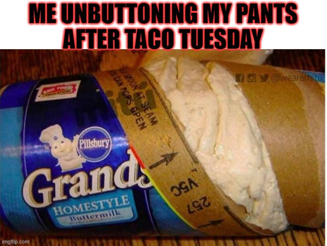 Stuffed | ME UNBUTTONING MY PANTS
AFTER TACO TUESDAY | image tagged in taco tuesday,pants,fat,foodie | made w/ Imgflip meme maker