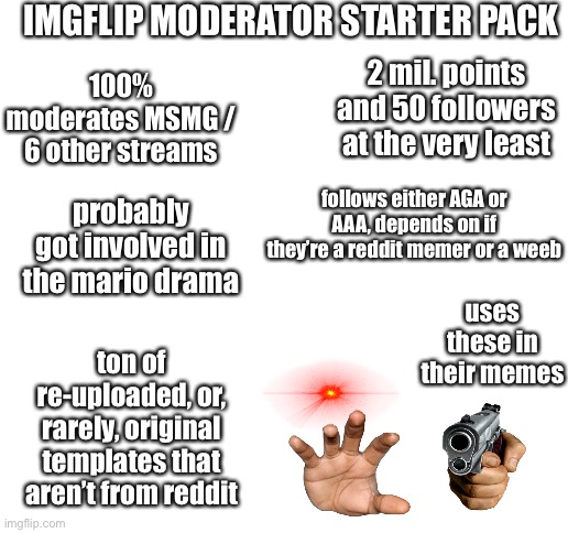 here comes the drama | IMGFLIP MODERATOR STARTER PACK; 100% moderates MSMG / 6 other streams; 2 mil. points and 50 followers at the very least; follows either AGA or AAA, depends on if they’re a reddit memer or a weeb; probably got involved in the mario drama; uses these in their memes; ton of re-uploaded, or, rarely, original templates that aren’t from reddit | image tagged in here it comes,controversial | made w/ Imgflip meme maker