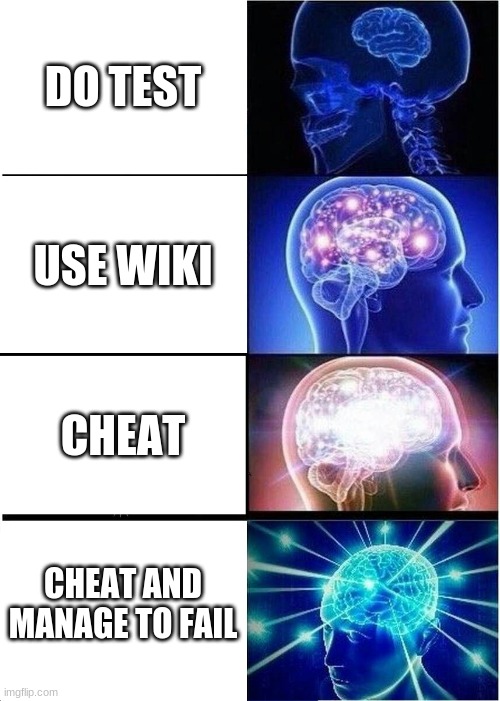 Expanding Brain | DO TEST; USE WIKI; CHEAT; CHEAT AND MANAGE TO FAIL | image tagged in memes,expanding brain | made w/ Imgflip meme maker