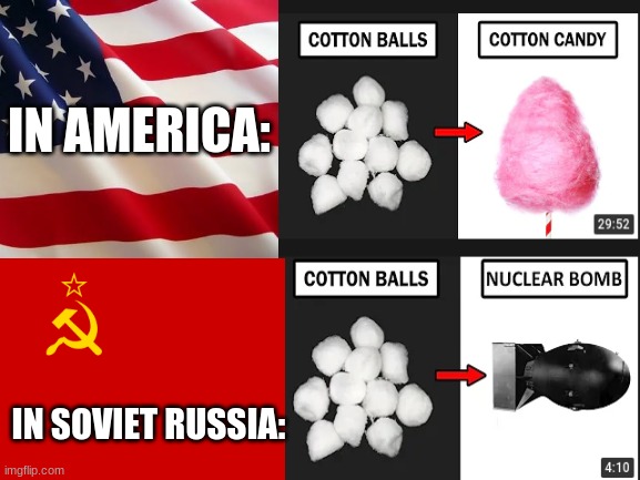 wow another russia meme | IN AMERICA:; IN SOVIET RUSSIA: | image tagged in russia,in soviet russia | made w/ Imgflip meme maker