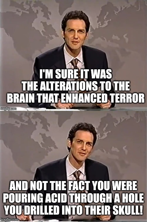 WEEKEND UPDATE WITH NORM | I'M SURE IT WAS THE ALTERATIONS TO THE BRAIN THAT ENHANCED TERROR AND NOT THE FACT YOU WERE
POURING ACID THROUGH A HOLE
YOU DRILLED INTO THE | image tagged in weekend update with norm | made w/ Imgflip meme maker
