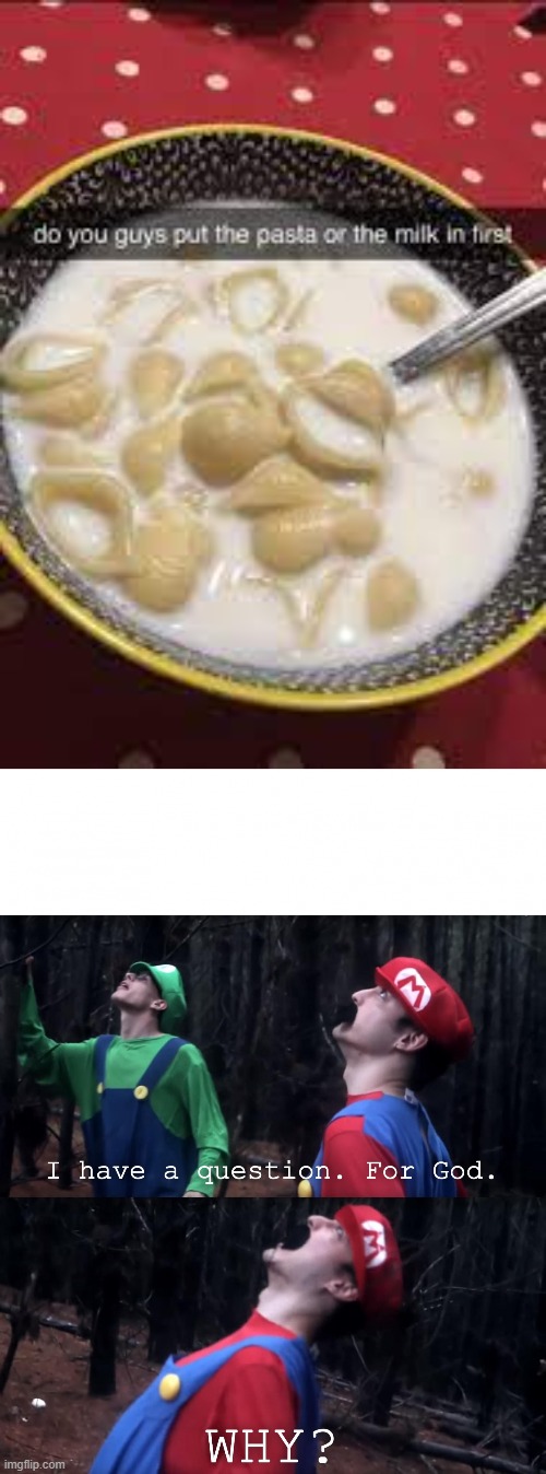 why does this exist | image tagged in milk with pasta,i have a question for god | made w/ Imgflip meme maker