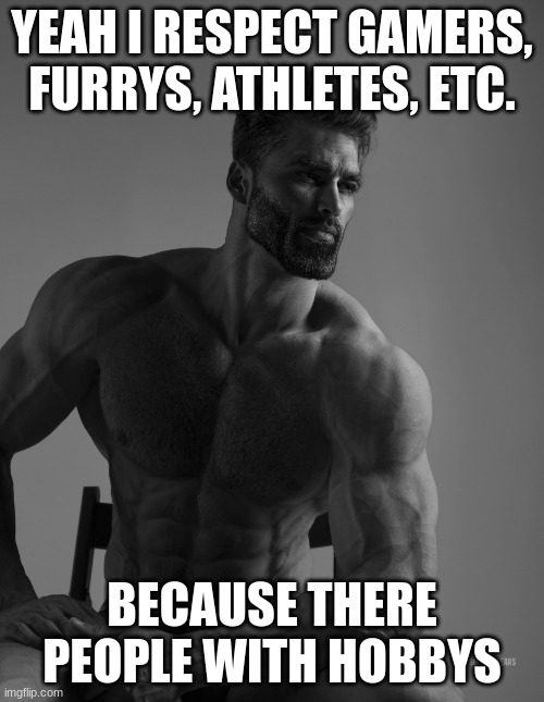 Giga Chad | YEAH I RESPECT GAMERS, FURRYS, ATHLETES, ETC. BECAUSE THERE PEOPLE WITH HOBBYS | image tagged in giga chad | made w/ Imgflip meme maker