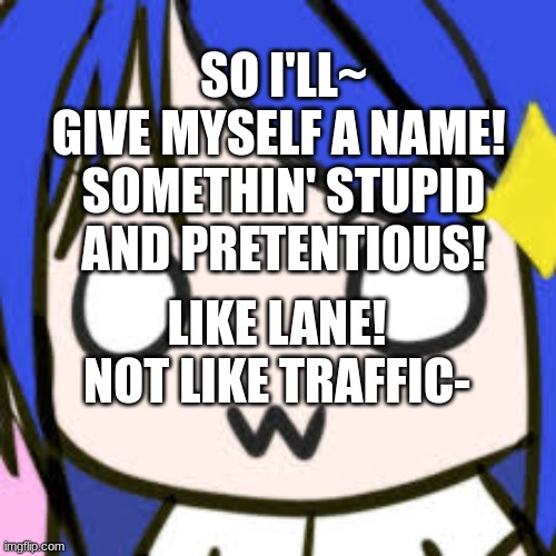 fraynominal go b r r | SO I'LL~
GIVE MYSELF A NAME! 
SOMETHIN' STUPID AND PRETENTIOUS! LIKE LANE!
NOT LIKE TRAFFIC- | image tagged in owo | made w/ Imgflip meme maker
