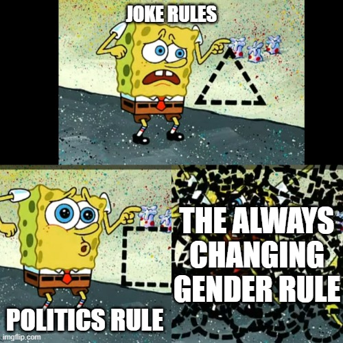 Get to the point with it. Just don't misgender and don't say there are more than 3 should be enough | JOKE RULES; THE ALWAYS CHANGING GENDER RULE; POLITICS RULE | image tagged in spongebob shapes,trying,to,help,msmg | made w/ Imgflip meme maker