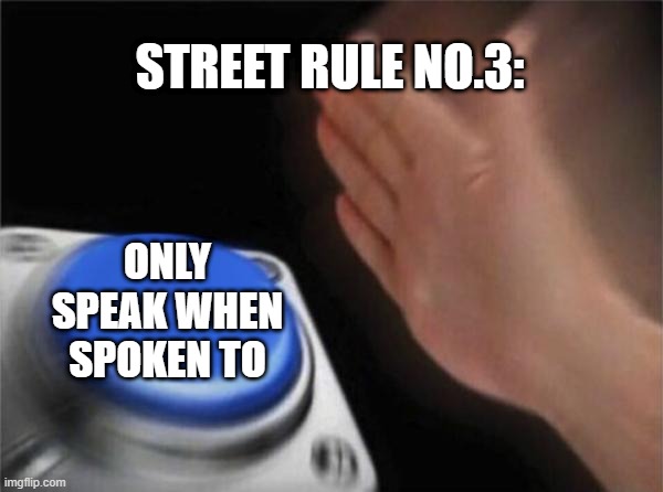 The street rule | STREET RULE NO.3:; ONLY SPEAK WHEN SPOKEN TO | image tagged in memes,blank nut button | made w/ Imgflip meme maker