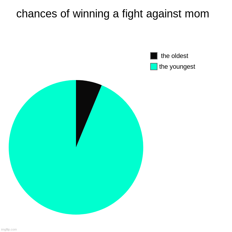 is't it true tho | chances of winning a fight against mom  | the youngest ,  the oldest | image tagged in charts,pie charts | made w/ Imgflip chart maker