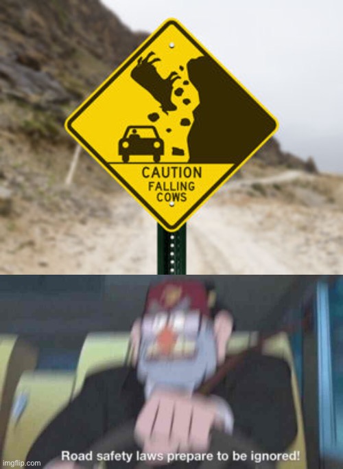 Watch for falling cows instead of rocks | image tagged in road safety laws prepare to be ignored,funny,memes,you had one job,task failed successfully,dank memes | made w/ Imgflip meme maker