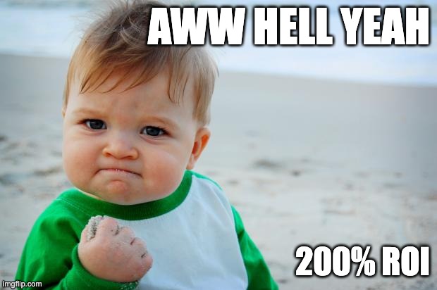 Succes Kid Beach | AWW HELL YEAH; 200% ROI | image tagged in succes kid beach | made w/ Imgflip meme maker