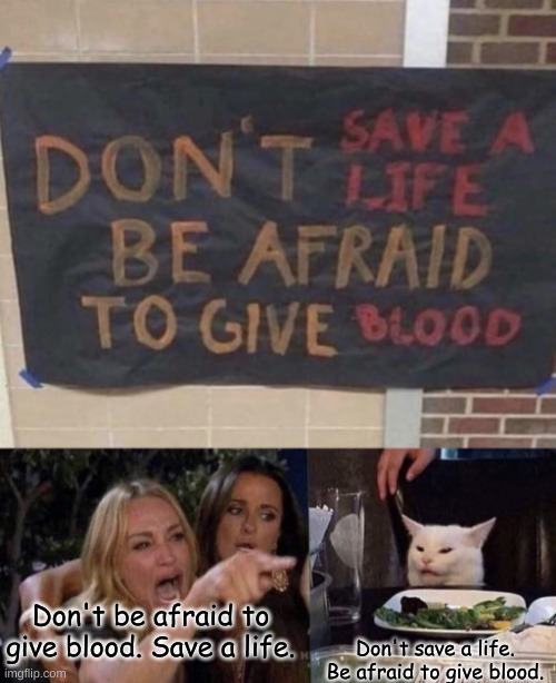 Don't save a life. Be afraid to give blood | Don't be afraid to give blood. Save a life. Don't save a life. Be afraid to give blood. | image tagged in woman yelling at cat | made w/ Imgflip meme maker