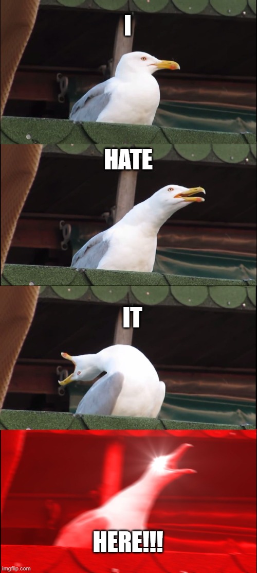 Inhaling Seagull | I; HATE; IT; HERE!!! | image tagged in memes,inhaling seagull | made w/ Imgflip meme maker