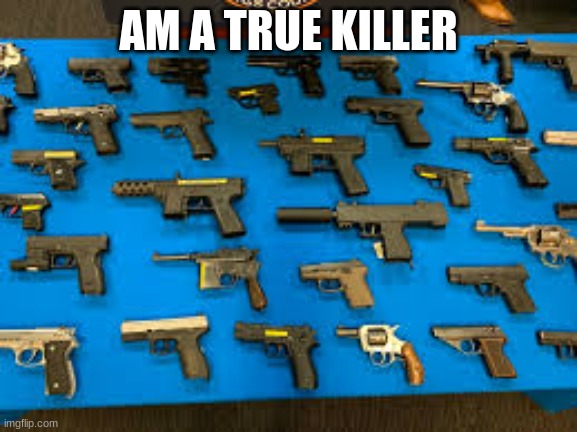guns | AM A TRUE KILLER | image tagged in guns | made w/ Imgflip meme maker