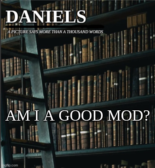 daniels book temp | AM I A GOOD MOD? | image tagged in daniels book temp | made w/ Imgflip meme maker