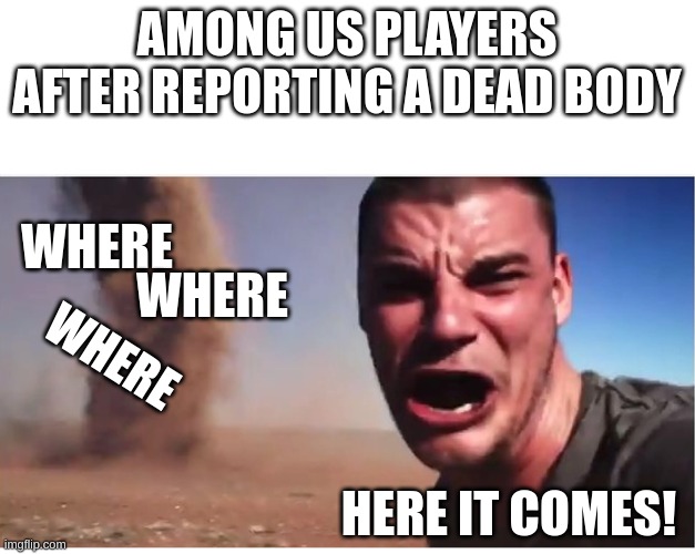 idk if repost | AMONG US PLAYERS AFTER REPORTING A DEAD BODY; WHERE; WHERE; WHERE; HERE IT COMES! | image tagged in here it come meme | made w/ Imgflip meme maker