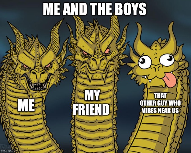 Grhenehebdhd | ME AND THE BOYS; MY FRIEND; THAT OTHER GUY WHO VIBES NEAR US; ME | image tagged in three-headed dragon | made w/ Imgflip meme maker