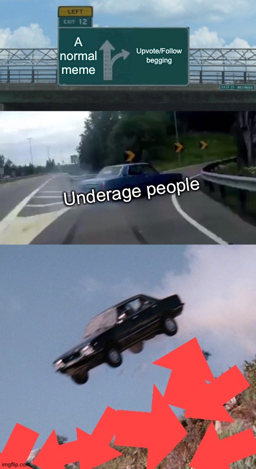 To the people who upvote/follow beg, stop it, get some help. | A normal meme; Upvote/Follow begging; Underage people | image tagged in memes,left exit 12 off ramp,car off cliff,beggar | made w/ Imgflip meme maker