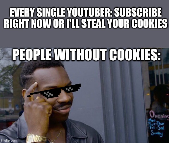 yeet | EVERY SINGLE YOUTUBER: SUBSCRIBE RIGHT NOW OR I'LL STEAL YOUR COOKIES; PEOPLE WITHOUT COOKIES: | image tagged in memes,roll safe think about it | made w/ Imgflip meme maker