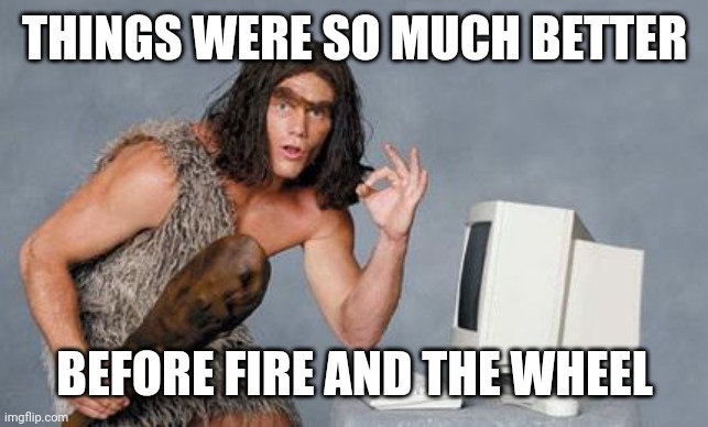 Computer Caveman | THINGS WERE SO MUCH BETTER BEFORE FIRE AND THE WHEEL | image tagged in computer caveman | made w/ Imgflip meme maker