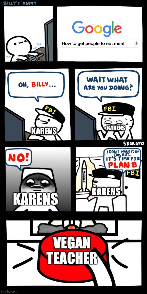 Billy’s FBI agent plan B | How to get people to eat meat; KARENS; KARENS; KARENS; KARENS; VEGAN TEACHER | image tagged in billy s fbi agent plan b | made w/ Imgflip meme maker