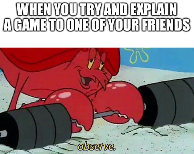 Observe | WHEN YOU TRY AND EXPLAIN A GAME TO ONE OF YOUR FRIENDS | image tagged in observe | made w/ Imgflip meme maker