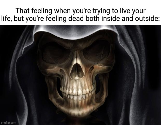 Both inside and outside | That feeling when you're trying to live your life, but you're feeling dead both inside and outside: | image tagged in death skull,dead inside,dark humor,memes,live,life | made w/ Imgflip meme maker