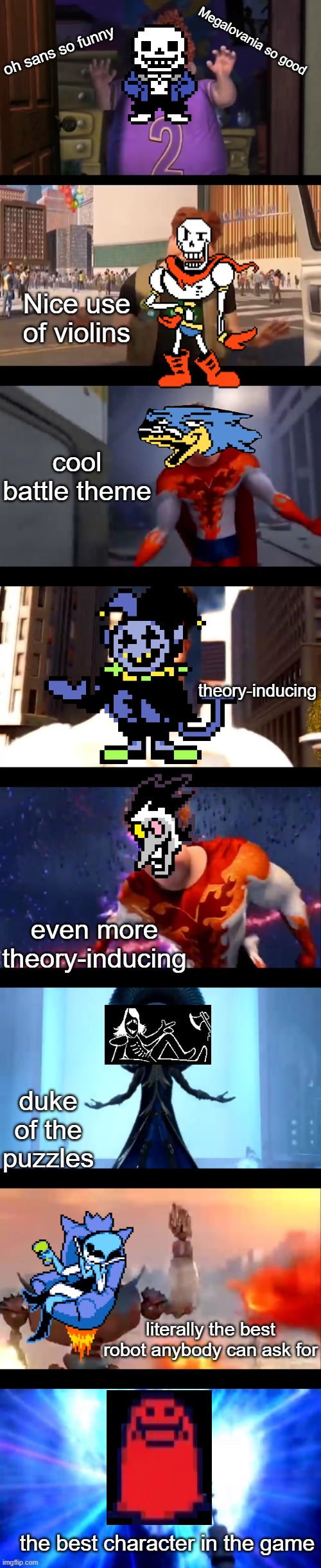 Best Characters | Megalovania so good; oh sans so funny; Nice use of violins; cool battle theme; theory-inducing; even more theory-inducing; duke of the puzzles; literally the best robot anybody can ask for; the best character in the game | image tagged in snotty boy glow up premium edition | made w/ Imgflip meme maker