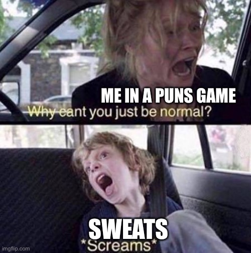 Why Can't You Just Be Normal | ME IN A PUNS GAME; SWEATS | image tagged in why can't you just be normal | made w/ Imgflip meme maker