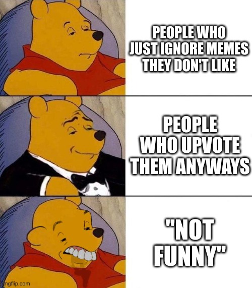Best,Better, Blurst |  PEOPLE WHO JUST IGNORE MEMES THEY DON'T LIKE; PEOPLE WHO UPVOTE THEM ANYWAYS; "NOT FUNNY" | image tagged in best better blurst,not funny,memes,not really,yes,tuxedo winnie the pooh | made w/ Imgflip meme maker