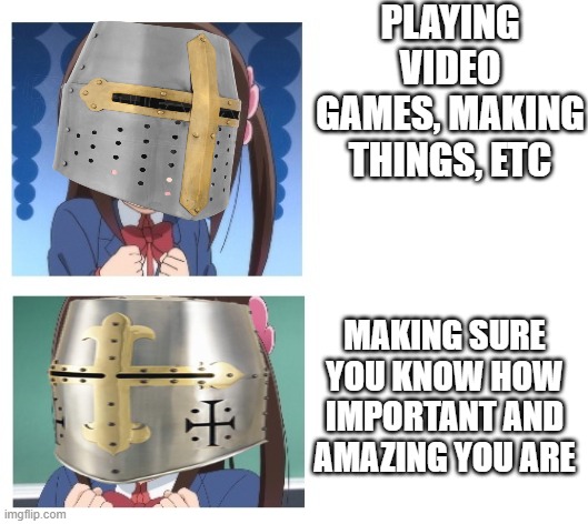 gotta make sure | PLAYING VIDEO GAMES, MAKING THINGS, ETC; MAKING SURE YOU KNOW HOW IMPORTANT AND AMAZING YOU ARE | image tagged in anime,crusader,wholesome | made w/ Imgflip meme maker