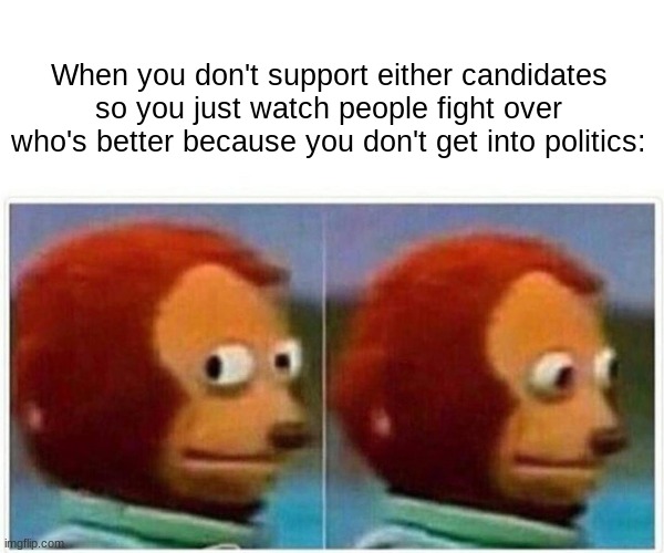 Monkey Puppet Meme | When you don't support either candidates so you just watch people fight over who's better because you don't get into politics: | image tagged in memes,monkey puppet | made w/ Imgflip meme maker