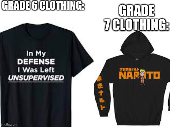 the only sort of anime clothing i have is a jojo shirt | GRADE 6 CLOTHING:; GRADE 7 CLOTHING: | image tagged in clothing,middle school | made w/ Imgflip meme maker