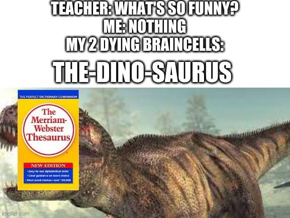 please don't kill me because of my horrible humor | TEACHER: WHAT'S SO FUNNY?
ME: NOTHING
MY 2 DYING BRAINCELLS:; THE-DINO-SAURUS | image tagged in eyeroll,thesaurus,dinosaur | made w/ Imgflip meme maker