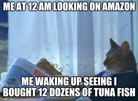 amazon | ME AT 12 AM LOOKING ON AMAZON; ME WAKING UP SEEING I BOUGHT 12 DOZENS OF TUNA FISH | image tagged in memes,i should buy a boat cat | made w/ Imgflip meme maker