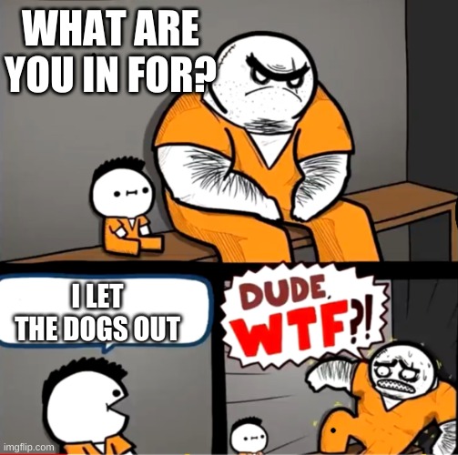 Surprised bulky prisoner | WHAT ARE YOU IN FOR? I LET THE DOGS OUT | image tagged in surprised bulky prisoner | made w/ Imgflip meme maker