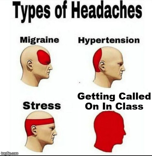 Types of Headaches meme | Getting Called On In Class | image tagged in types of headaches meme | made w/ Imgflip meme maker