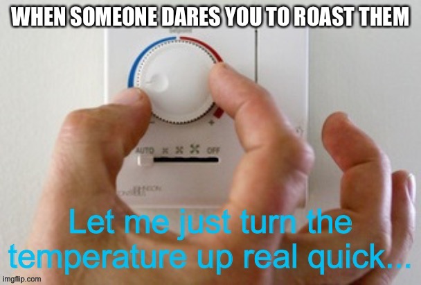 Let me just turn the temperature up real quick | WHEN SOMEONE DARES YOU TO ROAST THEM | image tagged in let me just turn the temperature up real quick | made w/ Imgflip meme maker