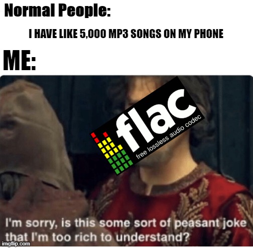 MP3 Peasants | Normal People:; I HAVE LIKE 5,000 MP3 SONGS ON MY PHONE; ME: | image tagged in peasant joke | made w/ Imgflip meme maker