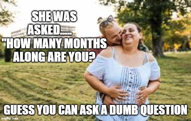 Dumb questions do exist | SHE WAS ASKED.....     "HOW MANY MONTHS ALONG ARE YOU? GUESS YOU CAN ASK A DUMB QUESTION | image tagged in funny,dumb,dumb question | made w/ Imgflip meme maker