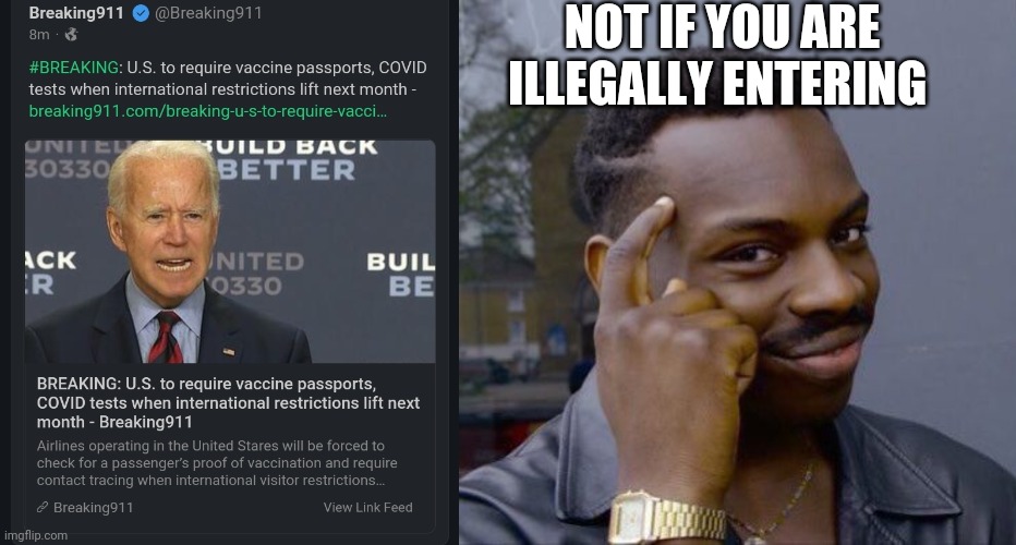 Can't believe ppl fall for this shit. Do not comply. | NOT IF YOU ARE ILLEGALLY ENTERING | image tagged in memes,roll safe think about it,illegal immigration,illegal,democrats,liberal logic | made w/ Imgflip meme maker