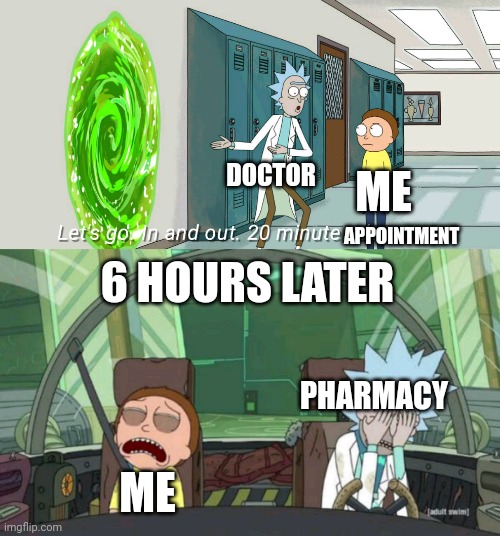 20 minute appointment, in and out |  DOCTOR; ME; APPOINTMENT; 6 HOURS LATER; PHARMACY; ME | image tagged in 20 minute adventure rick morty,pharmacy,doctor | made w/ Imgflip meme maker