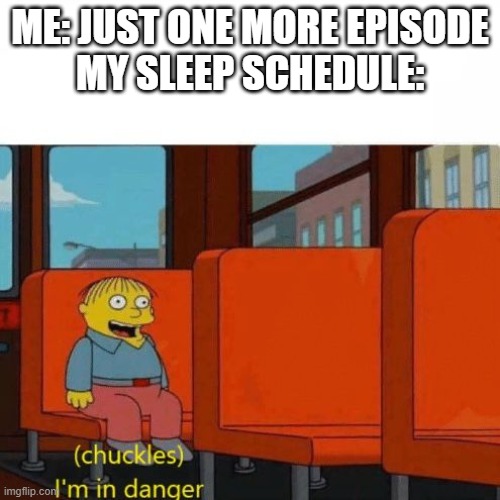 Image Title | ME: JUST ONE MORE EPISODE
MY SLEEP SCHEDULE: | image tagged in chuckles i m in danger | made w/ Imgflip meme maker