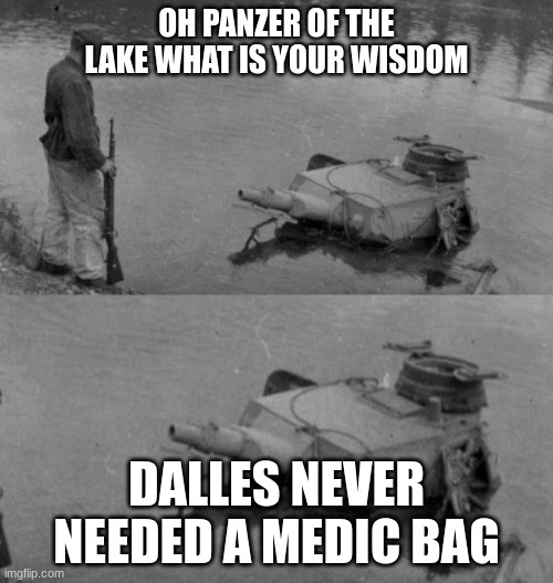 Panzer of the lake |  OH PANZER OF THE LAKE WHAT IS YOUR WISDOM; DALLES NEVER NEEDED A MEDIC BAG | image tagged in panzer of the lake | made w/ Imgflip meme maker