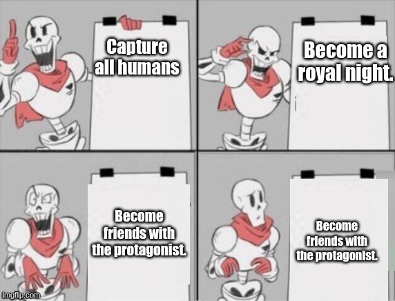 Papyrus plan | Become a royal night. Capture all humans; Become friends with the protagonist. Become friends with the protagonist. | image tagged in papyrus plan | made w/ Imgflip meme maker