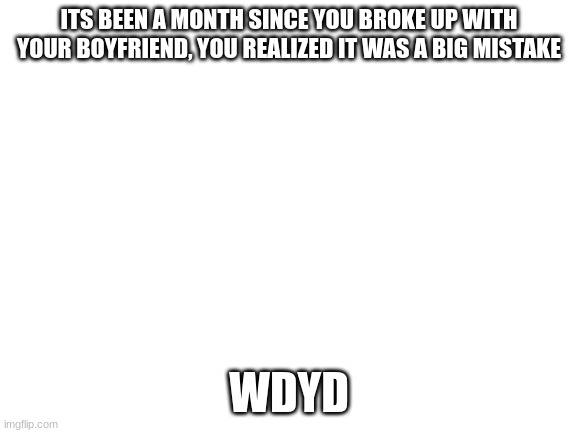 Blank White Template | ITS BEEN A MONTH SINCE YOU BROKE UP WITH YOUR BOYFRIEND, YOU REALIZED IT WAS A BIG MISTAKE; WDYD | image tagged in blank white template | made w/ Imgflip meme maker