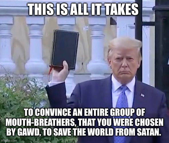 It's A bible | THIS IS ALL IT TAKES; TO CONVINCE AN ENTIRE GROUP OF MOUTH-BREATHERS, THAT YOU WERE CHOSEN BY GAWD, TO SAVE THE WORLD FROM SATAN. | image tagged in it's a bible | made w/ Imgflip meme maker