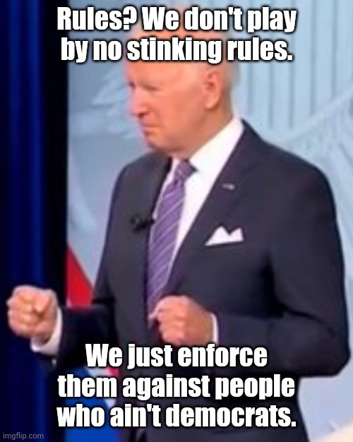 bidenholio says | Rules? We don't play by no stinking rules. We just enforce them against people who ain't democrats. | image tagged in bidenholio says | made w/ Imgflip meme maker