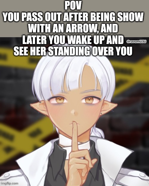 Livians new design (fantasy rp btw) |  POV
YOU PASS OUT AFTER BEING SHOW WITH AN ARROW, AND LATER YOU WAKE UP AND SEE HER STANDING OVER YOU | image tagged in pov | made w/ Imgflip meme maker