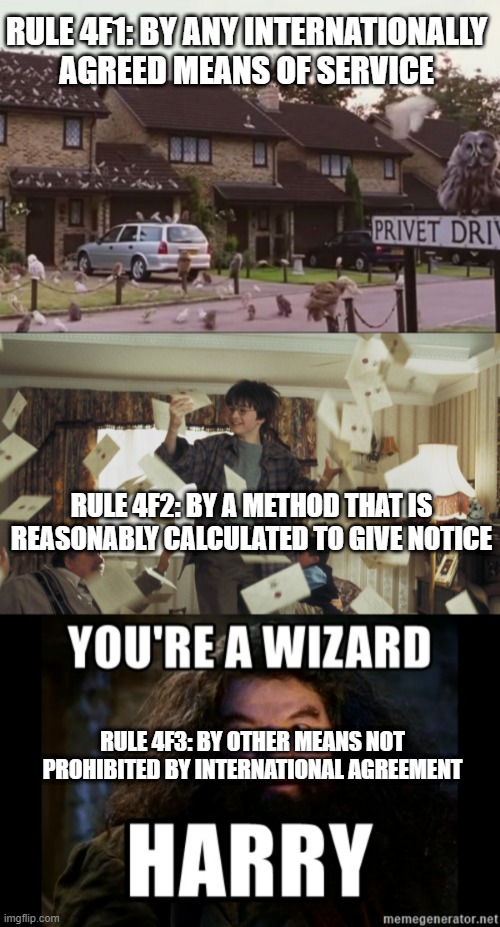 FRCP 4F1-3: Serving an Individual in a Foreign Country | RULE 4F1: BY ANY INTERNATIONALLY AGREED MEANS OF SERVICE; RULE 4F2: BY A METHOD THAT IS REASONABLY CALCULATED TO GIVE NOTICE; RULE 4F3: BY OTHER MEANS NOT PROHIBITED BY INTERNATIONAL AGREEMENT | image tagged in owls on privet drive,harry receiving all the letters to go to hogwarts | made w/ Imgflip meme maker