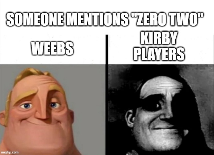 Teacher's Copy | SOMEONE MENTIONS "ZERO TWO"; KIRBY PLAYERS; WEEBS | image tagged in teacher's copy | made w/ Imgflip meme maker