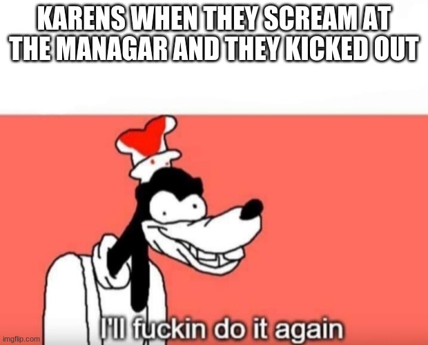 Ill do it again | KARENS WHEN THEY SCREAM AT THE MANAGAR AND THEY KICKED OUT | image tagged in ill do it again | made w/ Imgflip meme maker